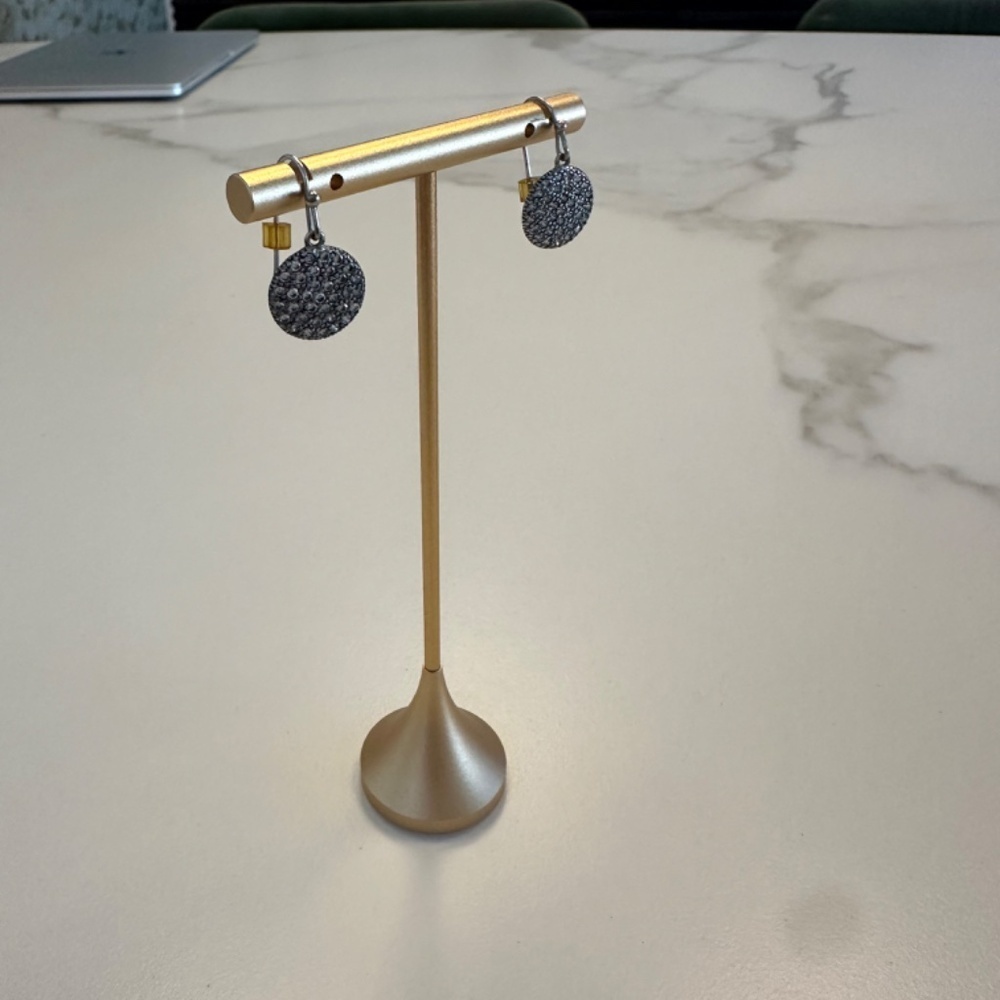 Silver Textured Disc Drop Earrings with Crystals - Picture 10 of 11